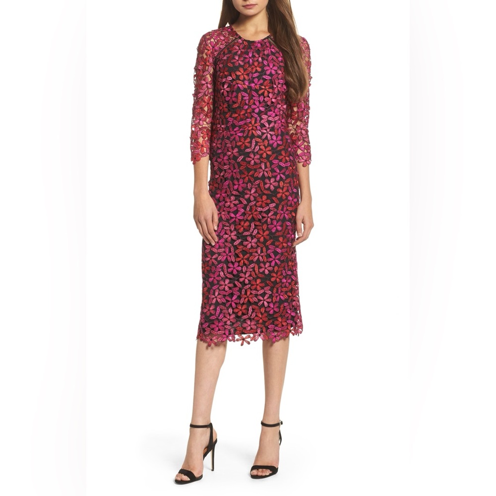 Shoshanna Havan Pink & Purple Lace Floral Midi Sheath Dress, size 4.